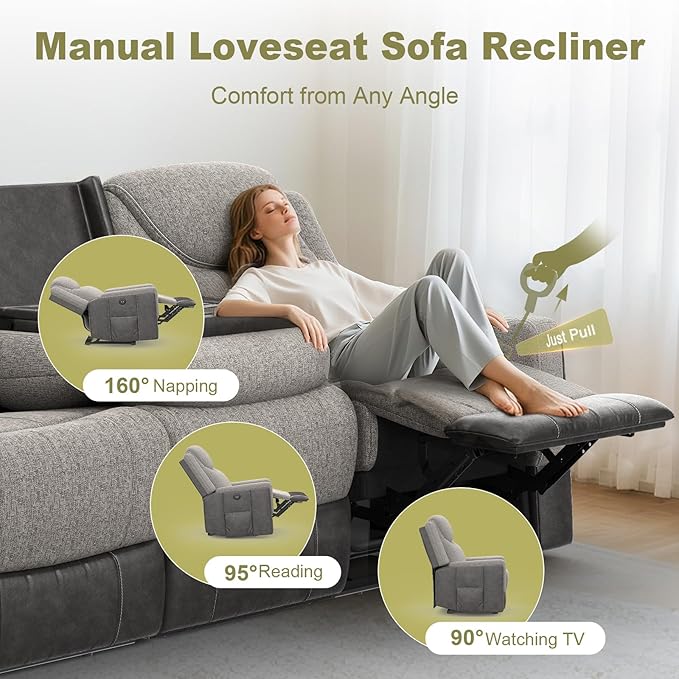 Manual Reclining Sofa, Flip Middle Backrest 2-in-1 Couch with Large Storage Drawer, USB Ports & Cup Holders, Grey Linen & Chocolate Leather Living Room Loveseat Recliner Sofa, Grey