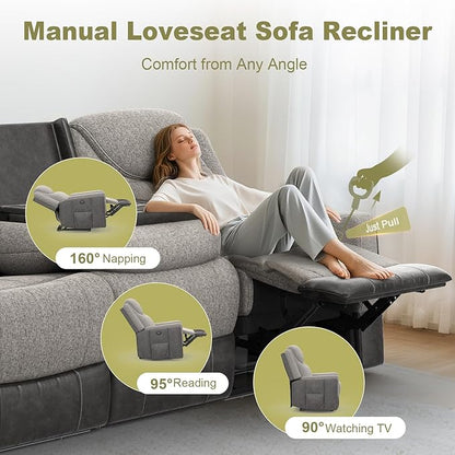 Manual Recliner Sectional Sofa for Living Room, Corner Couch with Flip Middle Backrest, USB Ports & Cup Holders, Grey Linen & Chocolate Leather, 5 Seater Sectional Couch
