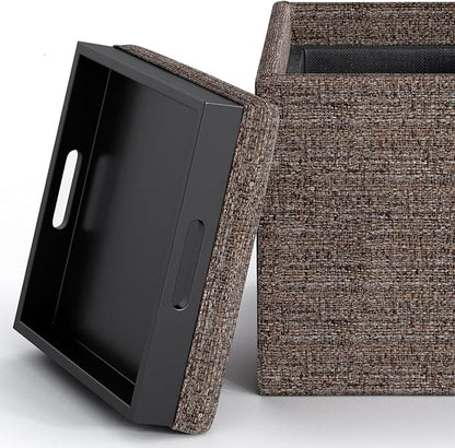 SIMPLIHOME Rockwood 18 inch Wide Contemporary Square Cube Storage Ottoman with Tray in Mink Brown Tweed Look Fabric, Assembled, For the Living Room, Entryway and Family Room