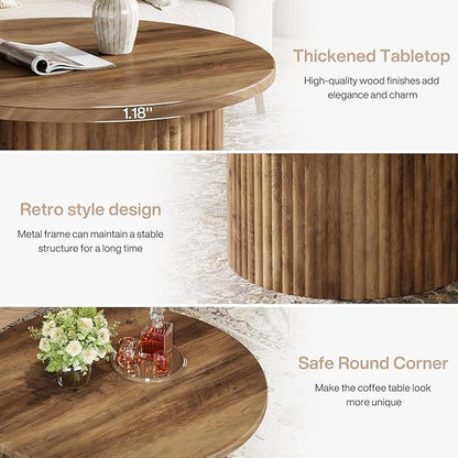 Tribesigns 31.5" Round Coffee Table, Farmhouse Circle Center Table with Sturdy Metal Base, Modern Accent Sofa Side Table for Living Room, Wooden Grain Veneer Top