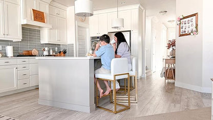 ALPHA HOME 24 Inch Bar Stools Set of 4, Kitchen Counter Stools with Backs, PU Leather Barstools, White Bar Stools with Upholstered Footrest, Sturdy Chromed Metal Steel Frame, White