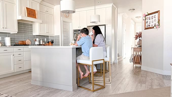 ALPHA HOME 24 Inch Bar Stools Set of 2, Kitchen Counter Stools with Backs, PU Leather Barstools, White Bar Stools with Upholstered Footrest, Sturdy Chromed Metal Steel Frame, White