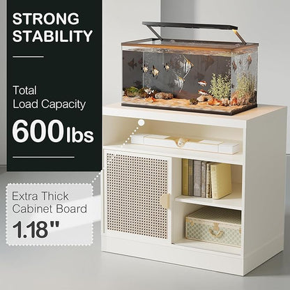 Modern Wood Accent Cabinet with Sliding Door, Adjustable Open Shelves & Gold Handle Storage Cabinet for Home Office, 31W*20D*29H, White Rattan