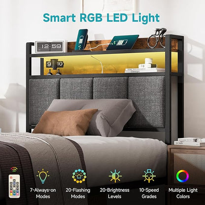 Z-hom Twin Bed Frames, Twin Bed Frame with 2-Tier Storage Upholstered Headboard, Metal Platform with USB Charging Station & LED Lights, Noise Free, No Box Spring Needed, Easy Assembly, Vintage Brown