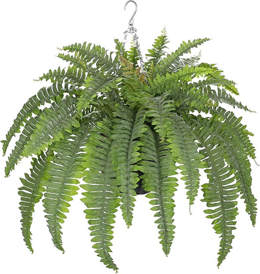 Hollyone 33" Artificial Boston Fern Hanging Basket Large 39 Leaves Fake Ferns in Rattan Pot Greenery Plants for Outdoors & Indoor Faux Fern Bush Basket Plant Patio Garden Home Decor Dusty Green
