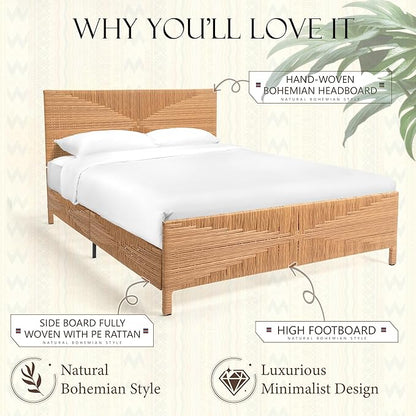 Yechen Queen Rattan Style Boho Bed Frame with Headboard and Footboard, Mid Century Modern Hand-Woven Wicker Bedframe with Vintage Pattern, Bamboo Bed with Metal Slats, No Box Spring Needed, 1000lbs