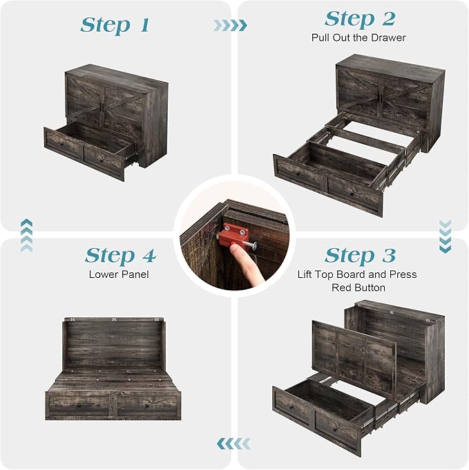 Queen Murphy Bed with Storage and Charging Station, Farmhouse Cabinet Bed, Noise-Free, for Guest Room, Apartment, or Office, Black Oak