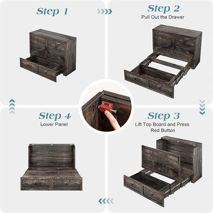 Queen Murphy Bed with Storage and Charging Station, Farmhouse Cabinet Bed, Noise-Free, for Guest Room, Apartment, or Office, Black Oak