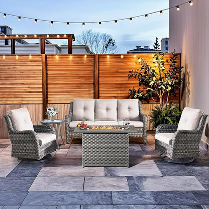 HUMMUH Patio Furniture Set with Fire Pit Table 5-Piece Wicker Outdoor Swivel Rocker Patio Chairs High Back Outdoor Couch Conversation Set for Porch, Backyard, Deck