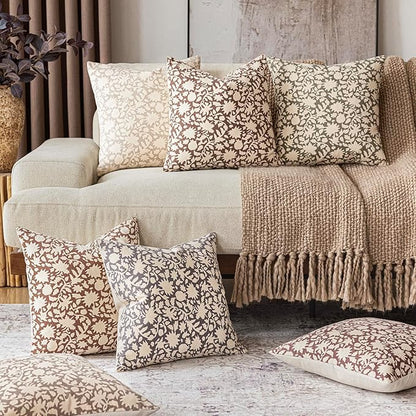 Foindtower Set of 2 Decorative Neutral Floral Throw Pillow Covers Accent Farmhouse Cushion Covers Boho Vintage Pillowcase for Couch Sofa Bedroom Living Room Home Decor,20×20 Inch,Tan