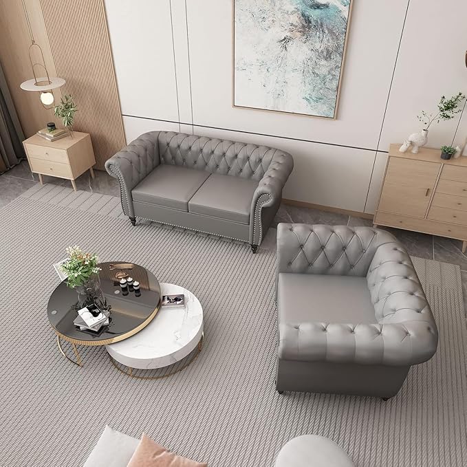 Chesterfield Loveseat Sofa, Modern Leather Small Sofa Couch 2 Seater with Rolled Arms and Nailhead, Mid Century Modern Loveseat Couch for Small Spaces Living Room Bedroom Apartment, Grey