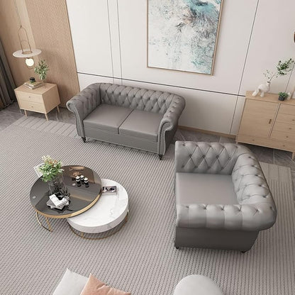 Chesterfield Loveseat Sofa, Modern Leather Small Sofa Couch 2 Seater with Rolled Arms and Nailhead, Mid Century Modern Loveseat Couch for Small Spaces Living Room Bedroom Apartment, Grey