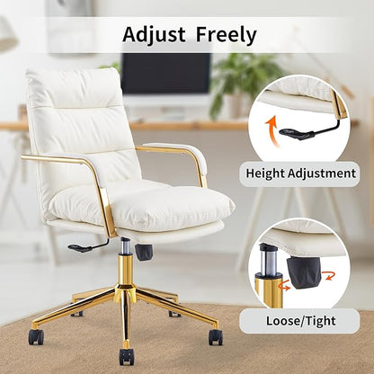 Leather Home Office Desk Chair, Executive Comfy Desk Chair with Support Armrests, Swivel Wheels, Height Adjustable, Mid Back, 360 Swivel, Computer Chair for Office Room, White