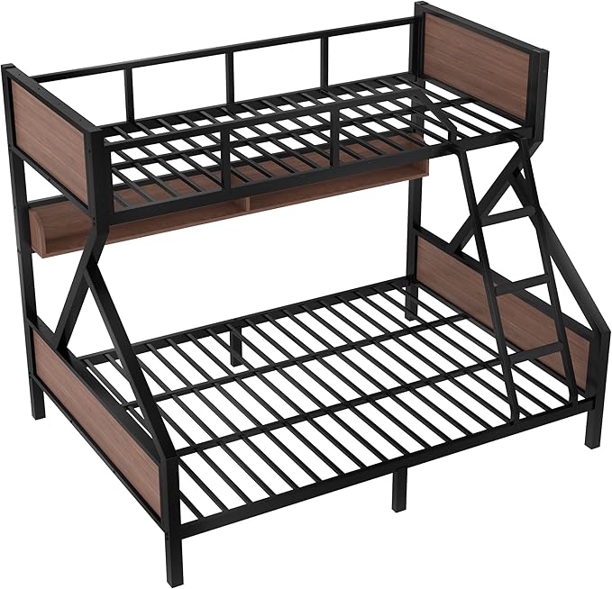 Bellemave Twin XL Over Queen Bunk Bed with Storage Shelf and RGB LED Lights, Adults Bunk Bed with Angle Padded Ladder, Heavy Duty Bunk Beds with Noise-Reducing Rubber Stoppers, Black
