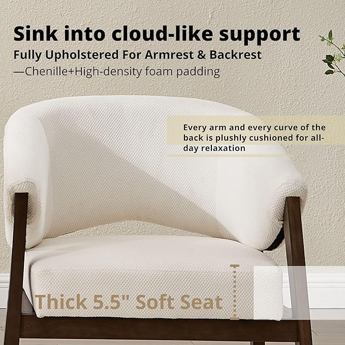 Modern White Accent Chair, Upholstered Armchair Living Room Chair for Bedroom, Comfy Barrel Reading Nook Chairs, Chenille, Wood Legs,1PC