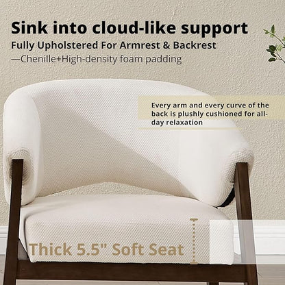 Mid-Century Modern Accent Chair Set of 2, Comfy Barrel Armchair Living Room Chair for Bedroom, Upholstered Lounge Chairs for Reading Nook Office, White Chenille, Wood Legs