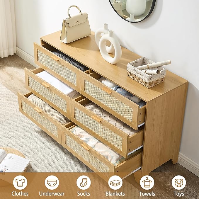 Natural Rattan 6-Drawer Dresser | Modern Bohemian Storage Chest – Includes Anti-Tip Wall Straps & Metal Slides | Versatile Furniture for Bedroom or Living Room