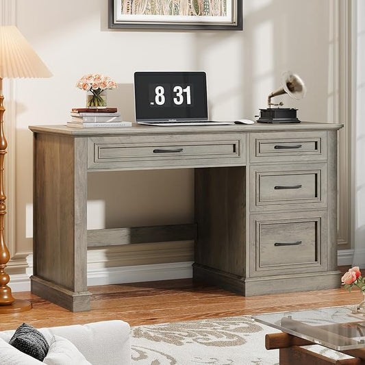 Farmhouse 47" Executive Desk, Computer Desk with Drawers and File Drawer, Workstation Computer Desk with Charging Station for Home Office,Study,（Wash Grey）