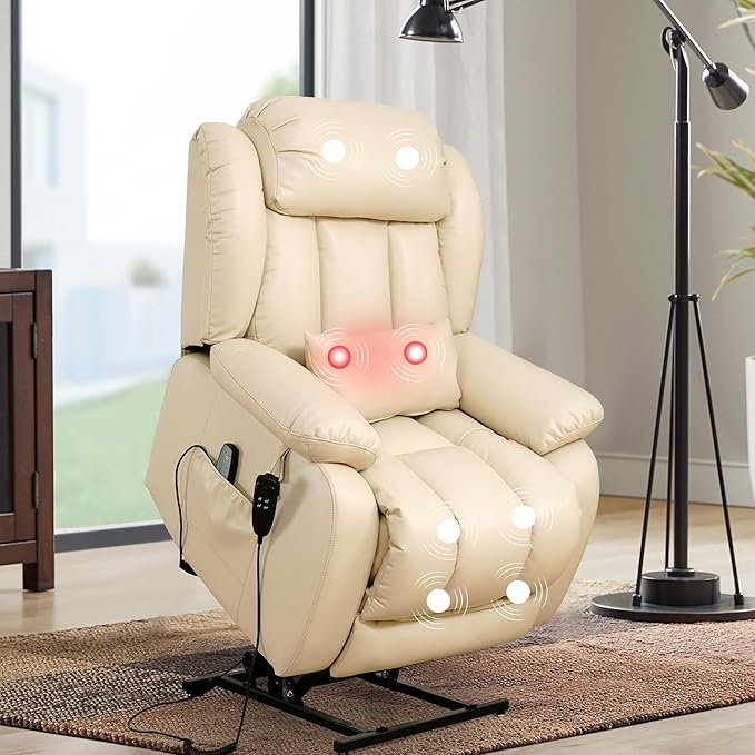 EDILLY Large Reclining Lift Chair, Dual Motor Massage Chair, Genuine Leather Recliner with Heating and Massage for Seniors, with Double Lumbar Cushion and Extended Footrest, USB Port(Beige)