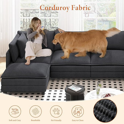 Vesgantti 143" U Shaped Sectional Modular Couch, Comfy Corduroy Upholstered Modular Cloud Sofas for Living Room, Modern Sectional Sofa with 2 Ottoman Deep Seat, Dark Grey