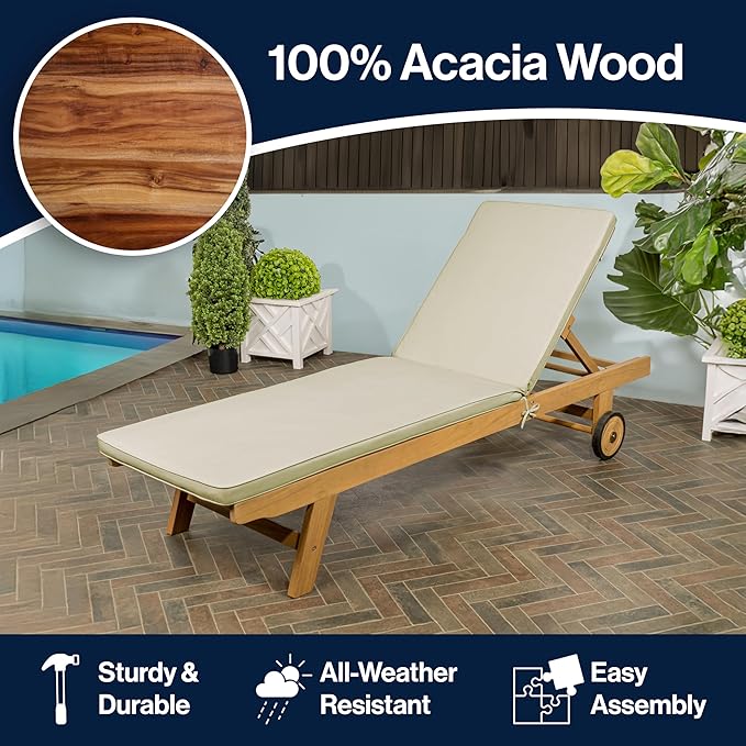 JONATHAN Y LNG1000E Mallorca 77.56"x23.62" Modern Classic Adjustable Acacia Wood Chaise Outdoor Lounge Chair with Cushion & Wheels Coastal, Bohemian, Minimalist, Traditional, Light Gray/Natural