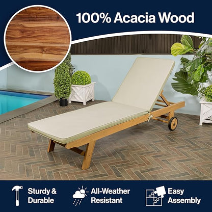 JONATHAN Y LNG1000E Mallorca 77.56"x23.62" Modern Classic Adjustable Acacia Wood Chaise Outdoor Lounge Chair with Cushion & Wheels Coastal, Bohemian, Minimalist, Traditional, Light Gray/Natural