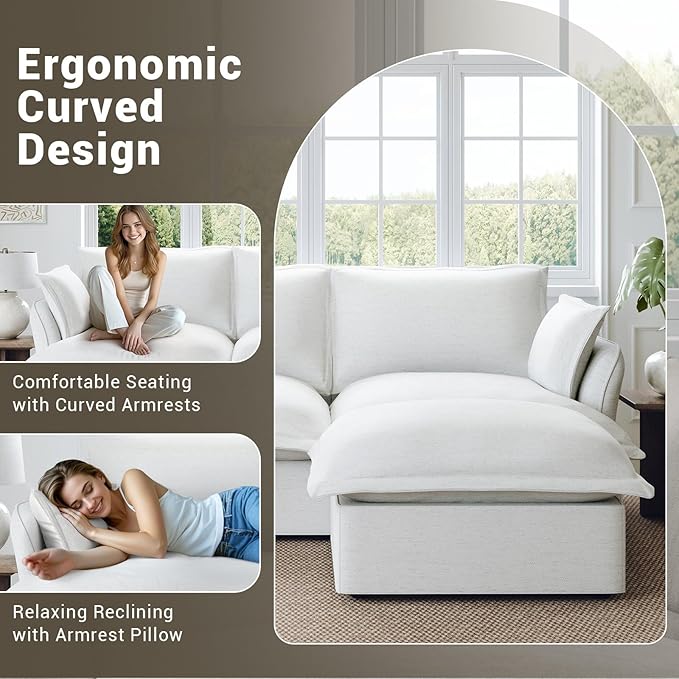 114” Oversized Modular Sectional Sofa, Comfy Down Fill Cloud Couch, 3 Seater Modular Sofa Couch with One Single Seat, Convertible Sectional Couches for Living Room, Linen, Cream White