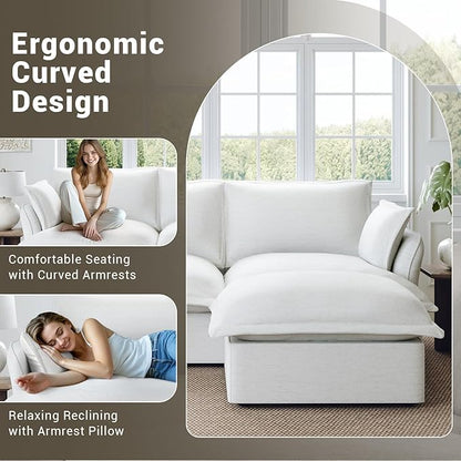 Cloud Sectional Sofa, Down Fill Cloud Couch, Convertible Modular Couch with Washable Cover, Movable Ottoman, Sectional Couches for Living Room, Bedroom, Small Apartments, Linen, Cream White