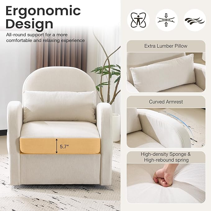 MELLCOM Oversized Swivel Accent Chair with Hidden Storage, Comfy Chenille Fabric Upholstered Leisure Armchair with Lumbar Pillow and Side Pocket for Living Room Bedroom Reception Room and Office