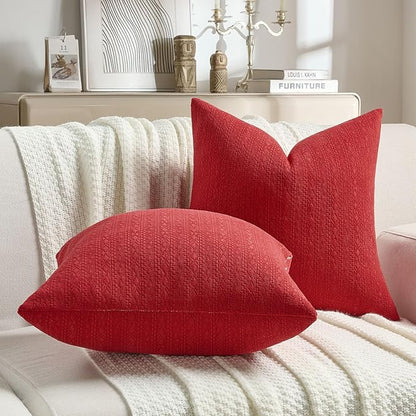 FUTEI Christmas Red Chenille Throw Pillow Covers 18x18 Inch Set of 2,Soft Striped & Diamond Textured Cushion Cases,Modern Home Decor for Couch Living Room