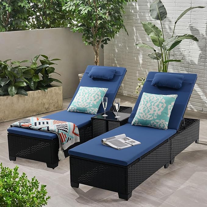 3 PCS Patio Chaise Lounge with Coffee Table Cushion&Pillow Outdoor Lounge Chair Chaise Lounger Patio Reclining Chair 5 Angle Adjustment Black PE Rattan for Courtyards Poolside (Navy)