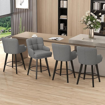 360°Swivel Counter Height Bar Stools with Back, 26 inch Solid Wood Legs, Bar Stool Modern Kitchen Island Chairs, Fabric (Mid-Grey- Fabric, 26" H- Set of 2)
