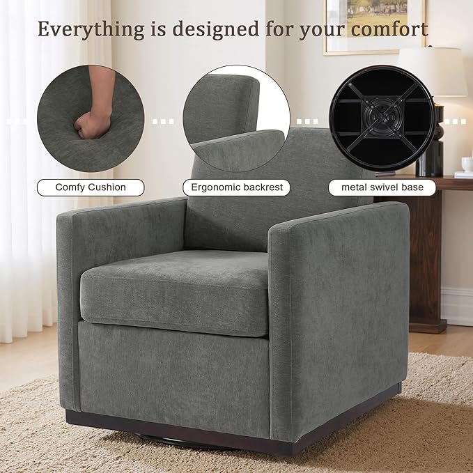 UIXE Swivel Accent Chair, Chenille Upholstered Armchair Comfy Club Chair for Living Room, Mid Century Modern Arm Chair Single Sofa Nook Bedroom Side Reading Seat - Gray
