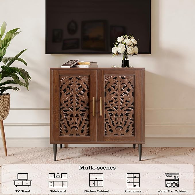 ARTPOWER Accent Cabinet with 2 Doors, Vintage Hollow Carving Buffet Cabinet, Sideboards and Buffets with Storage, Credenza for Living Room, Kitchen, Dining Room, Entryway, Hallway, Walnut