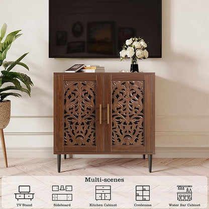 ARTPOWER Accent Cabinet with 2 Doors, Vintage Hollow Carving Buffet Cabinet, Sideboards and Buffets with Storage, Credenza for Living Room, Kitchen, Dining Room, Entryway, Hallway, Walnut