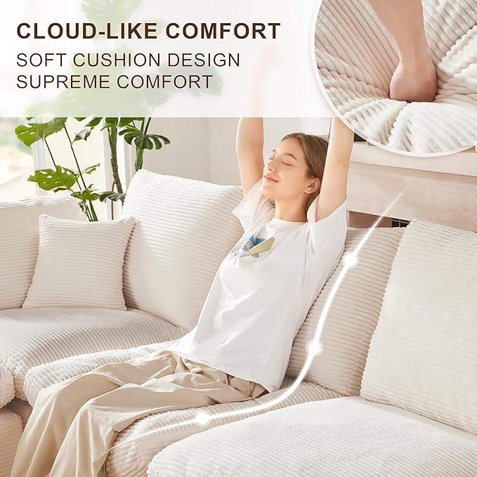 112" Cloud Sectional Couch, BonelessCouches for Living Room, U Shaped Couch with Convertible Ottoman, Modular Sectional Sofa with Deep Seat, Comfy Soft Cushions, No Assembly, Beige