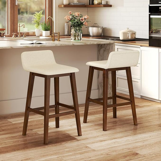 COSTWAY Wooden Bar Stools Set of 2, 29-inch Height Upholstered Padded Seat, Low Backrest, Footrest, Rubber Wood Legs, Armless Bar Chairs for Kitchen Counter Island, Dining Room, Brown+Beige