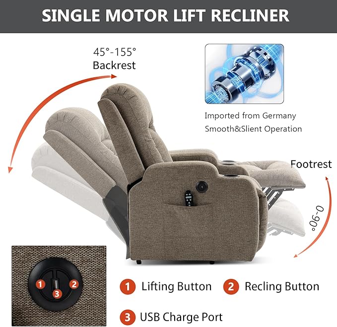 PELUMY Manual Lift Recliner Chair for Elderly with Massage & Heat, Oversized Heavy Duty 350 lbs Recliner with Cup Holders & USB Ports, Infinite Positioning Lift Chair for Adults (Linen Fabric, Brown)