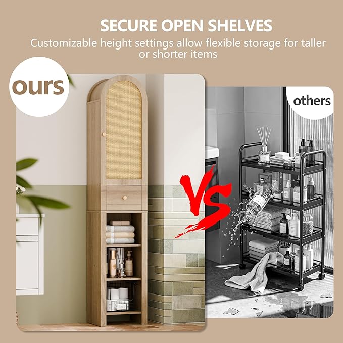 70" Tall Bathroom Storage Cabinet with Rattan Door，Narrow Storage Cabinet with Drawer Adjustable Shelves, Modern Arched Design Bathroom Cabinet for Bathroom, Living Room, Kitchen, Natural