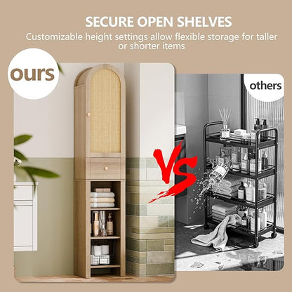 70" Tall Bathroom Storage Cabinet with Rattan Door，Narrow Storage Cabinet with Drawer Adjustable Shelves, Modern Arched Design Bathroom Cabinet for Bathroom, Living Room, Kitchen, Natural
