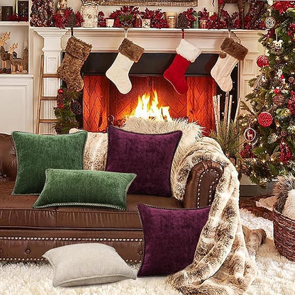 decorUhome Christmas Chenille Soft Throw Pillow Covers 22x22 Set of 2, Farmhouse Velvet Neutral Decorative Euro Pillow Covers with Stitched Edge for Couch Sofa Bed Home Decor, Rhododendron
