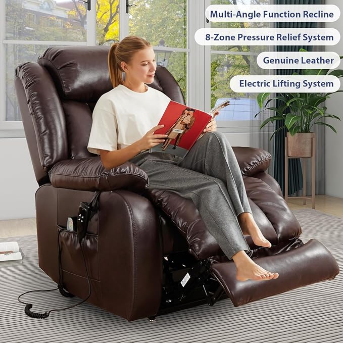 MAEVIS Large Genuine Leather Lift Recliner Chairs, Dual Motor Lift Chiars Recliner for Elderly,Extended Footrest and Lumbar Pillow for Tall Man,Heating and Massage, USB and Type-C Ports(Brown)