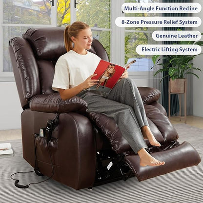 MAEVIS Large Genuine Leather Lift Recliner Chairs, Dual Motor Lift Chiars Recliner for Elderly,Extended Footrest and Lumbar Pillow for Tall Man,Heating and Massage, USB and Type-C Ports(Brown)