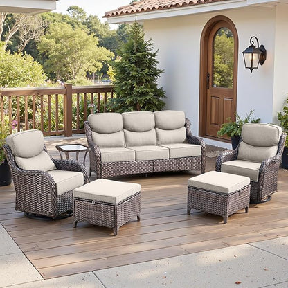 Belord Luxury 6" Thick Cushioned 6 Pieces Patio Furniture Set with Outdoor Couch, Wicker Outdoor Conversation Set with High Back Swivel Rocker Chairs for Deck Porch Yard and Poolside - Brown+Beige