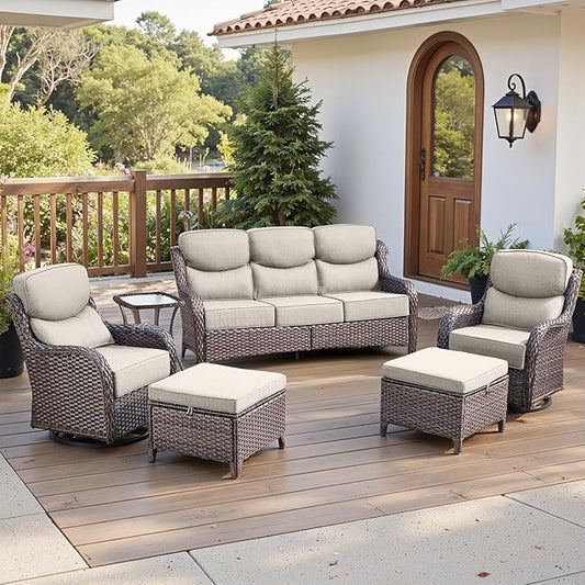 Belord Luxury 6" Thick Cushioned 6 Pieces Patio Furniture Set with Outdoor Couch, Wicker Outdoor Conversation Set with High Back Swivel Rocker Chairs for Deck Porch Yard and Poolside - Brown+Beige