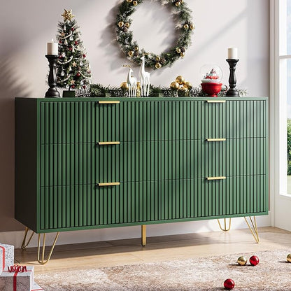 Green Dresser for Bedroom, Modern Dresser with Gold Metal Handles & Chests of Drawers, Wood Chest of Drawers for Bedroom