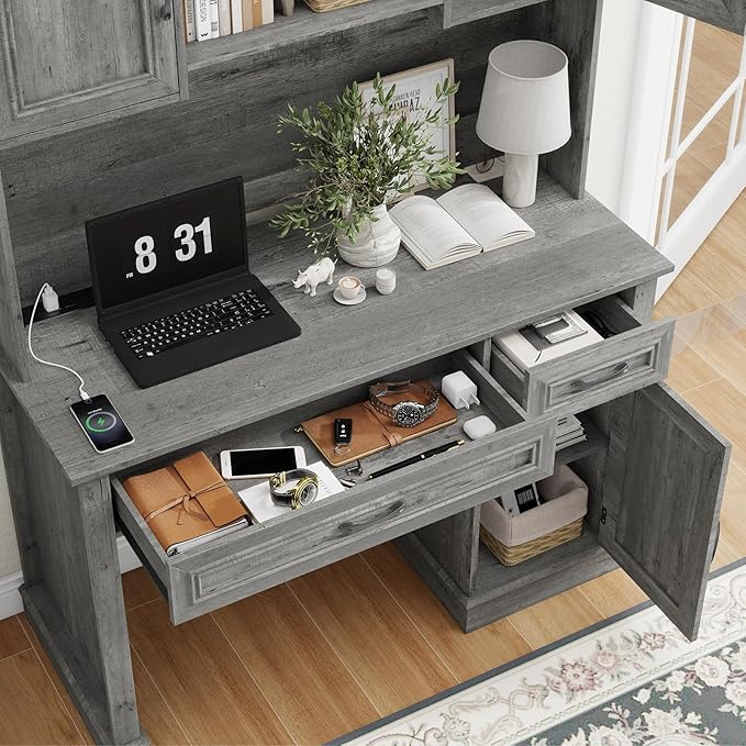 Vabches Farmhouse 47" Executive Desk with Hutch, 2 Drawers and LED Light, Computer Desk with Storage Cabinet and Charging Station,Workstation for Home Office and Study.Grey