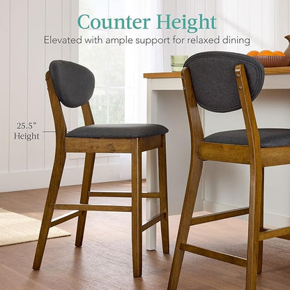 Best Choice Products Bar Stool Set of 2, Mid-Century Modern Upholstered Wood, Armless Counter Height w/Seat Cushion, Backrest - Walnut/Charcoal