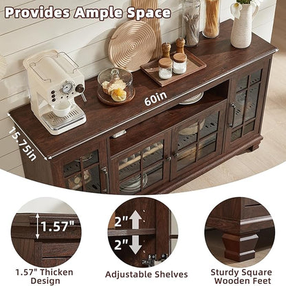 Large Sideboard Buffet Cabinet with Storage, Vintage Walnut Farmhouse 60" Wide Credenza Accent Cabinets with Glass Doors & Wood Legs, Kitchen Coffee Bar Table for Dining Room, Living Room