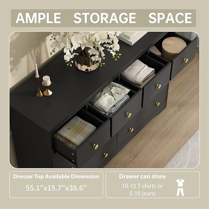 Black Dresser for Bedroom, 10 Drawer Dresser with Large Drawers, 55 Inch Wide Wood Chest for Living Room, Hallway